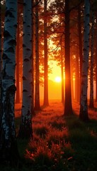 Birch forest at sunset with warm golden light, sunset, , tree