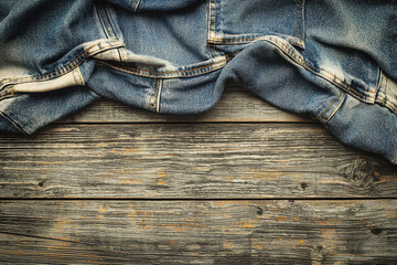 Poster - Close-up view of denim fabric showcasing stitching and faded details on rustic wood
