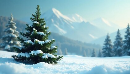 Wall Mural - Snowy landscape with a majestic green fluffy Christmas tree, branches, flakes, fluff