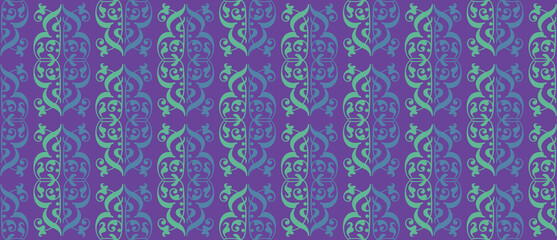 Poster - Vibrant damask pattern of features bold. Intricate designs in striking shades of blue and cyan, creating a captivating visual effect.