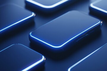 Poster - Multiple sleek devices with glowing edges on a dark surface reflecting modern technology