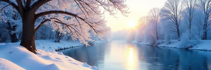 Wall Mural - Frosted tree branches against a bright sky with a frosted river in the background, sky, landscape, tree