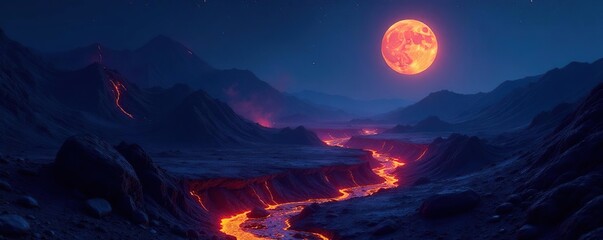 Wall Mural - Lavascape of dark lava flows through a moonlit night sky, fiery glow, mountain range