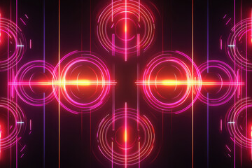Poster - Futuristic glowing neon circles and lines create a modern pattern on a dark gradient background