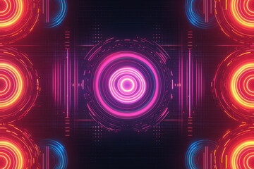 Poster - Futuristic glowing neon circles pattern arranged symmetrically on a dark gradient background for modern design
