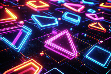 Poster - Futuristic neon pattern with glowing triangles and hexagons on dark background