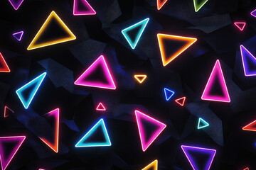 Poster - Futuristic neon pattern of glowing triangles and hexagons on a dark background creating a sleek modern aesthetic