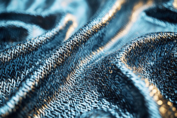 Poster - Macro shot of metallic chainmail fabric showcasing intricate details and reflections under soft light conditions