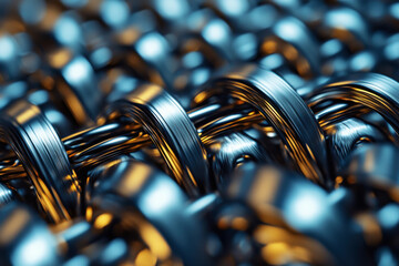Poster - Macro shot of metallic chainmail fabric reveals intricate details and sharp reflections in a futuristic design