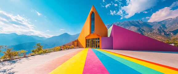 Poster - A colorful architectural building with vibrant rainbow-colored pavement leading up to it, set against a mountain backdrop, showcasing creativity, art, and modern design.