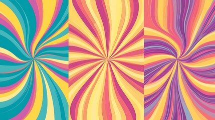 Retro twisted and distorted vector groovy hippie background set Waves, swirl, stripe, ray, and twirl pattern Vintage set backgrounds in trendy retro psychedelic Vector illustration