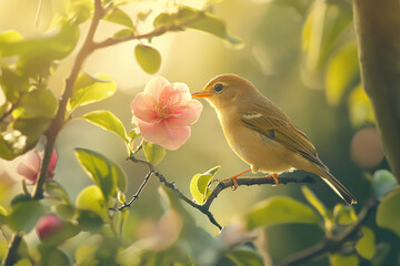 Poster - A bird perched on a branch of a flowering tree, capturing the peaceful moment as the bird interacts with the delicate pink blossom in a soft, golden light.