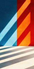 Poster - Abstract street design in bright reds and blues urban environment concrete pavement afternoon light wide-angle perspective