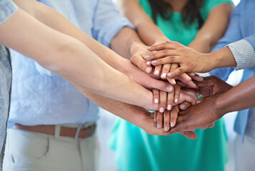 Fototapete - Creative people, teamwork and hands together with support for unity, trust or collaboration at office. Closeup, employees or group piling for meeting, huddle or motivation for mission or agreement