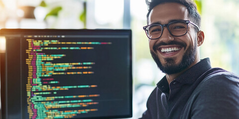 Poster - Smiling man working on coding project in modern office