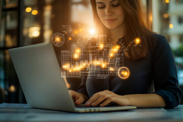 Poster - Woman working on laptop with data visualization elements