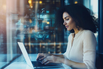 Poster - Woman working on laptop in modern office with data graphics