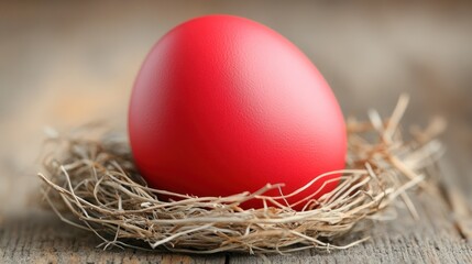 Red Easter egg in a nest on rustic wood