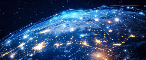 Poster - High-tech global network with glowing lines connecting continents over a night view of Earth, symbolizing the digital transformation, global communication, and interconnected world.