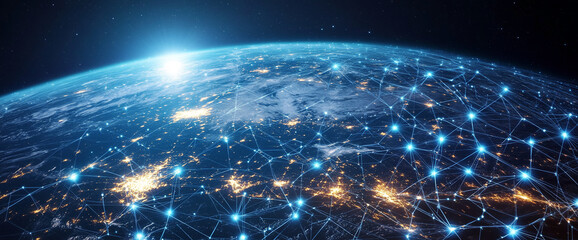 Poster - Planet Earth with digital network connections glowing in blue and orange, showcasing the concept of global connectivity, modern technology, and the digital age.