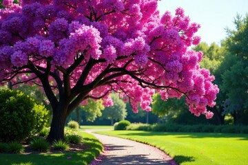 Wall Mural - Jacaranda tree in full bloom with a garden path under it, greenery, blooming, florals