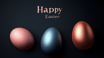 Happy Easter minimalistic greeting card, bright painted eggs on black background, modern minimalistic design