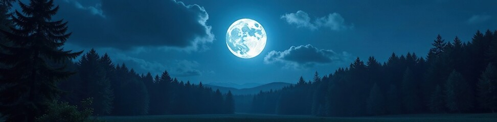 Wall Mural - A full moon rises above a dark forest, casting an eerie glow on the trees, forest, trees