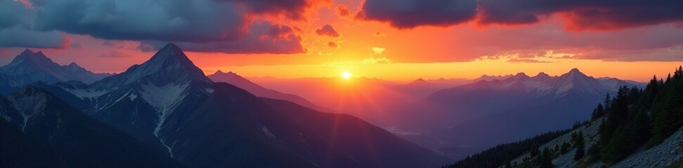 Wall Mural - Soft orange hues fade above rugged mountains as dark clouds slowly descend, earthy, sunsets, serene