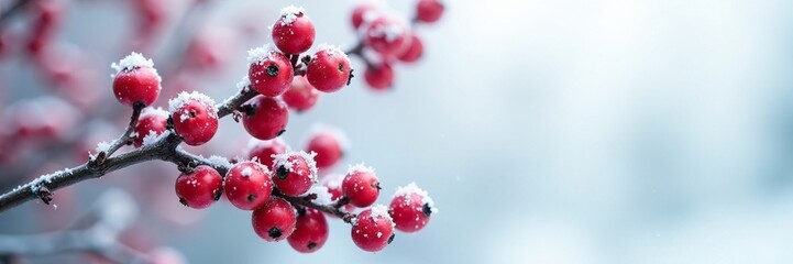Wall Mural - Frosted red berries against a snowy white background, frosted, frosty
