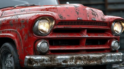 Rusted red vintage pickup truck front end, urban background