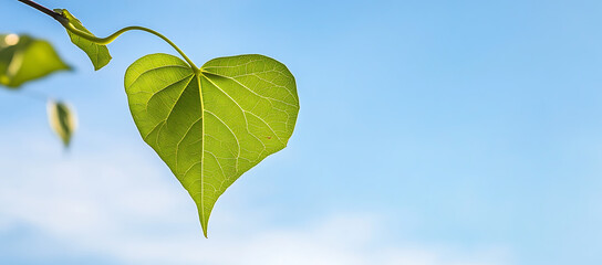 Wall Mural - Vivid green leaf under a clear blue sky on a sunny day with a beautiful bokeh background enhancing copy space image.