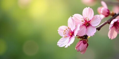 Wall Mural - Soft pink cherry blossoms against light green foliage, flowers, floral background