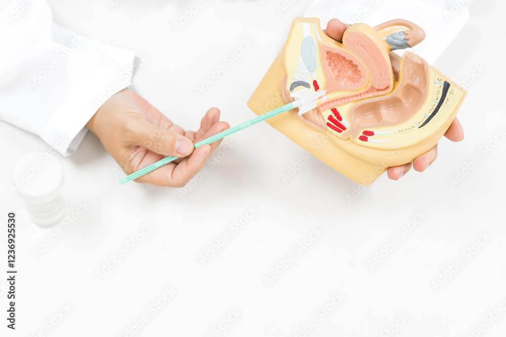 Doctor demonstrates cervical cancer screening on white background ...