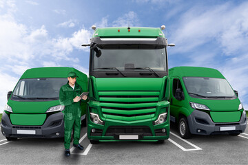 Poster - Manager with digital tablet next to green vans and truck. Fleet management.