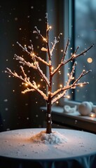 Wall Mural - A bare Christmas tree on a table with only few lights, elegant, snow