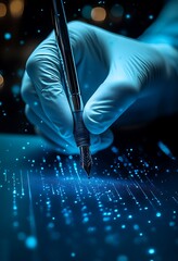 Aufkleber - gloved hand uses pen to write glowing blue digital data.