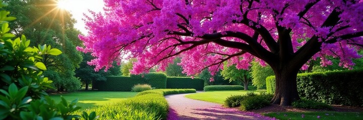 Wall Mural - Jacaranda tree in full bloom with a garden path under it, nature, leaves