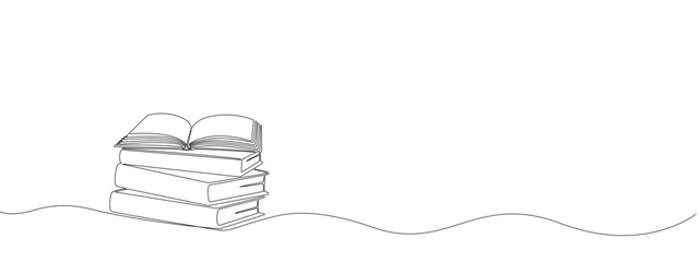 Stack of books with opened book on top in one continuous line. Symbol of library, education, literature, reading in one line style .Vector editable illustration