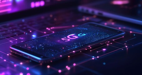 Poster - 5G smartphone on laptop, glowing network connections.