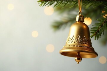 Wall Mural - Ornate golden bell Christmas ornament hanging from a ribbon, decorations, gold