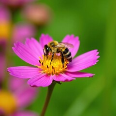 Wall Mural - Yellow and black striped bee collecting pollen from colorful flowers, blossom, greenery, pollens