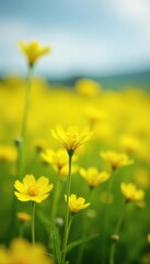 Wall Mural - Soft focus on a sea of yellow rapeseed blooms, landscape, nature, flowers