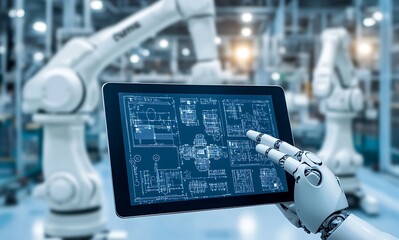 Poster - Robotic arm interacts with a tablet displaying factory blueprints in a modern factory setting.