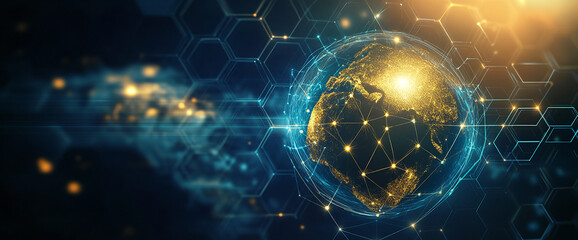Aufkleber - Global network connections glowing over the world map with a digital hexagon grid, symbolizing technology, digital communication, and the interconnected world.