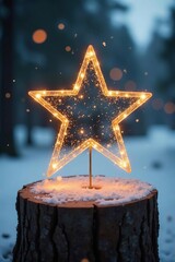 Wall Mural - Sparkling star-shaped decoration on a wooden tree stump, sparkle, winter, festive