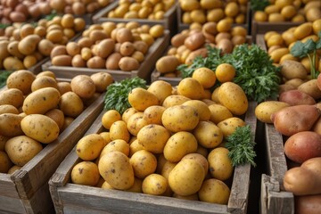 a variety of potatoes are displayed in crates