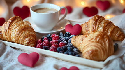 Sophisticated Valentine breakfast tray with croissants, fresh berries and cappuccino in a cozy and well-lit luxury suite