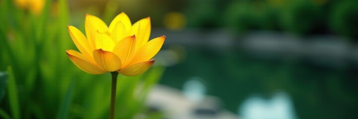 Wall Mural - Bright yellow petals unfolding near water surface, garden, greenery