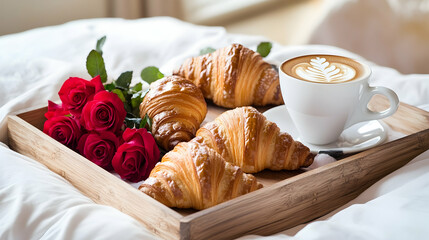 Valentine breakfast in bed with croissants, coffee and roses on a stylish wooden tray in a luxury hotel suite, soft natural lighting