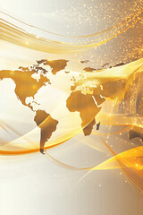 Poster - Abstract world map design with glowing golden lines, bright bokeh lights, and a futuristic digital look showcasing the global connection and modern technology concept.